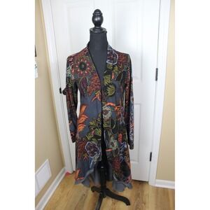 Reborn Floral‎ Print Open Front Duster Cardigan Gray Womens Size M